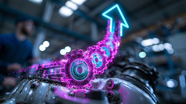 Digital Gears with Upward Arrow on Industrial Factory Machine