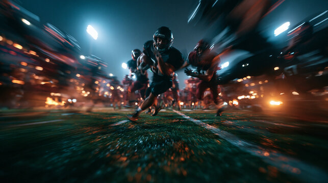 American Football Player Running with Ball on Stadium Field