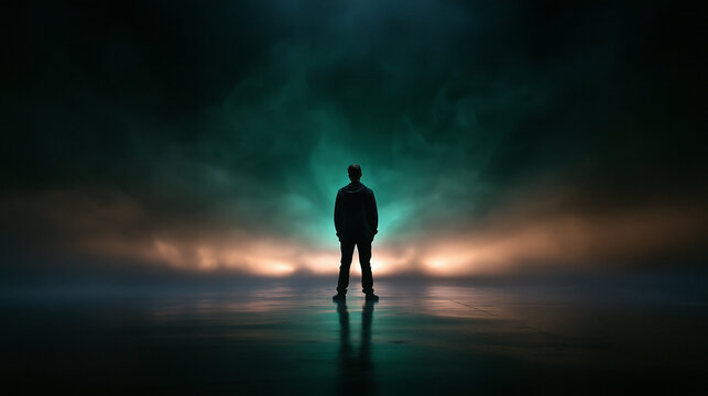 Silhouette of Man Standing in Smoky Atmospheric Light