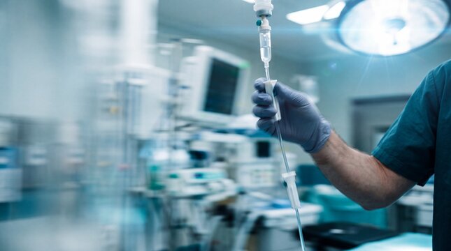 Medical Worker Adjusting IV Infusion Drip in Operating Room