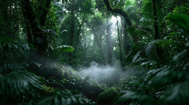 Misty Tropical Rainforest with Dense Green Jungle Foliage
