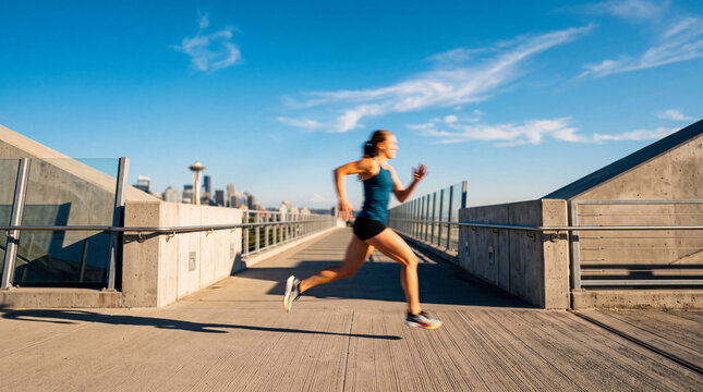 Athletic Woman Running on Urban Bridge with City Skyline
