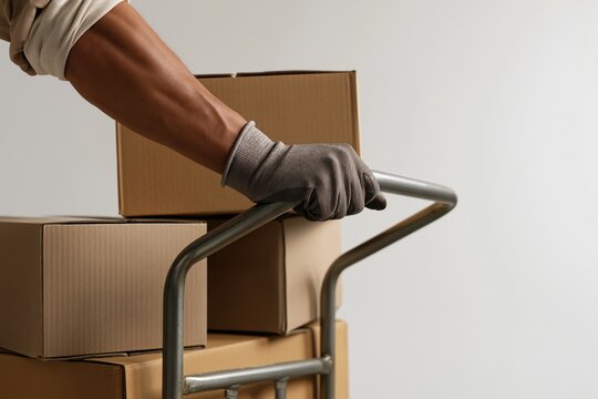 Courier Worker Moving Cardboard Packages with Hand Truck for Delivery Service