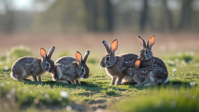 A charming family of wild rabbits gathered in a sunlit meadow, enjoying the lush green grass of their natural habitat