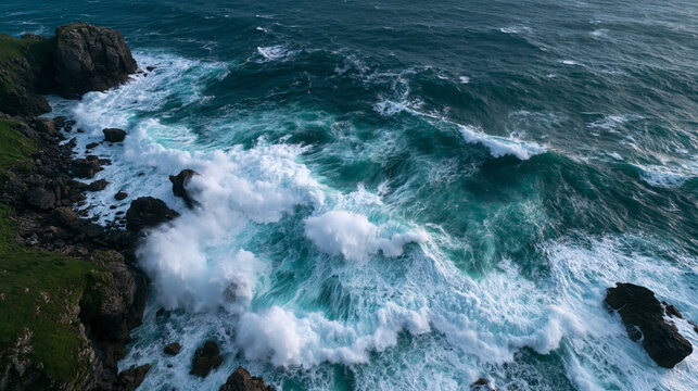 Powerful Ocean Waves Crashing Against Rocky Coastline