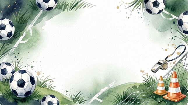 Watercolor soccer ball frame with grass and whistle for sports design background
