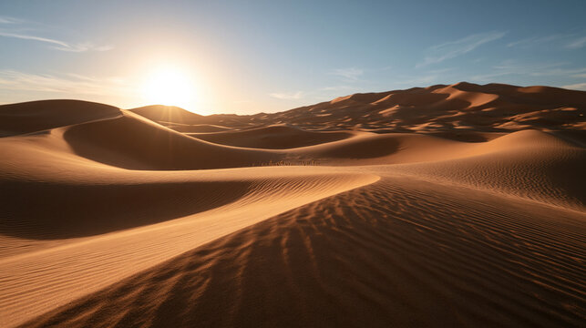 Golden Sand Dunes in Desert Landscape at Sunset