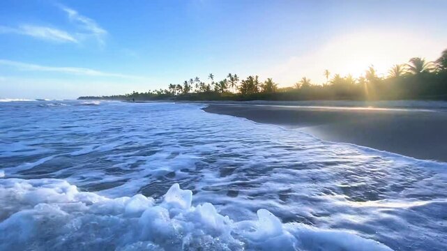 Cinematic low-angle view of sea waves rolling onto a sandy tropical beach shore, featuring golden sun rays, clear blue sky, and coconut palm trees lining the coast.