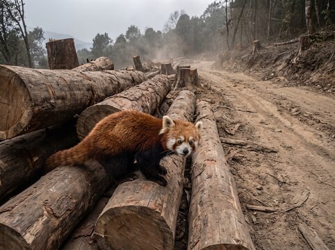 Terrified red panda resting on a pile of illegally harvested timber logs