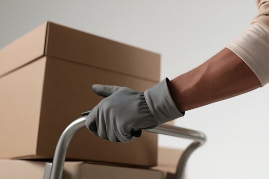 Courier Worker Moving Cardboard Packages with Hand Truck for Delivery Service