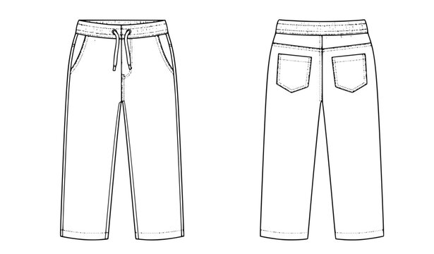 Boys casual drawstring elastic waist pants front and back technical fashion flat vector