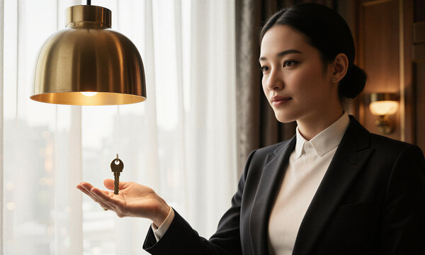 Concierge hotel key Asian female professional holding room key in a luxury lobby with warm golden brass pendant lighting
