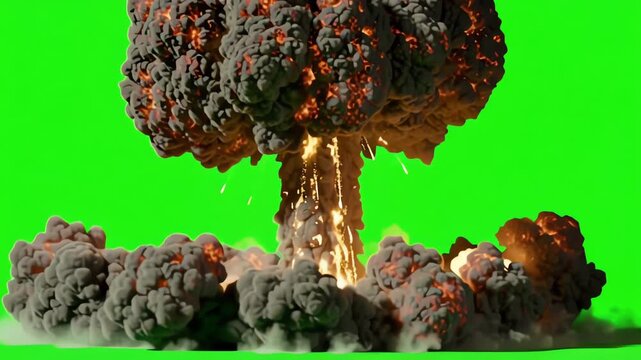 Nuclear explosion mushroom cloud on green screen - Generative AI
