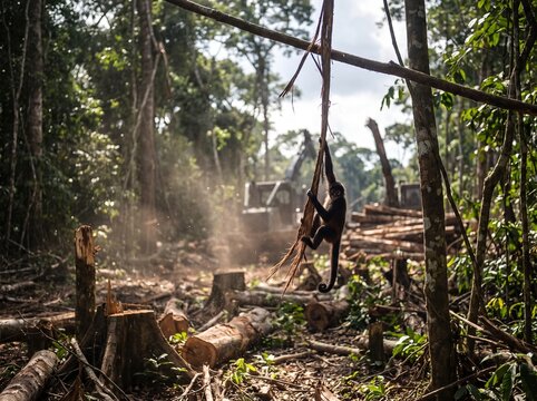 Spider monkey hanging from broken vine in an actively logged forest