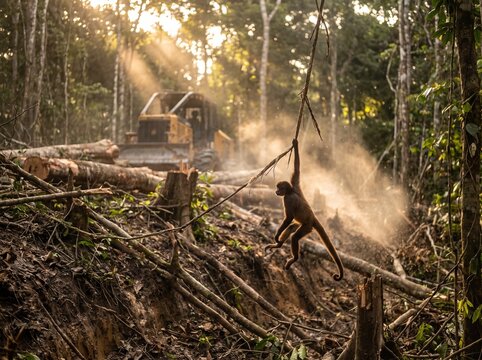 Spider monkey hanging from broken vine in an actively logged forest