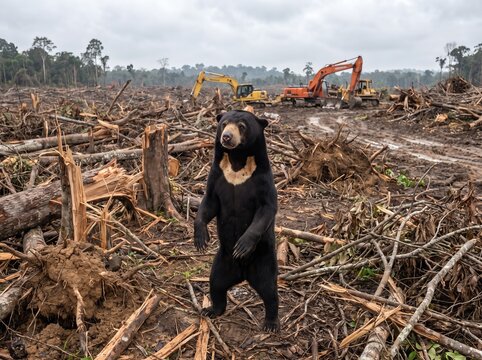 Bewildered sun bear standing in a landscape leveled by logging machinery