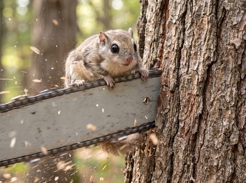 Terrified flying squirrel clinging to tree being cut by active chainsaw