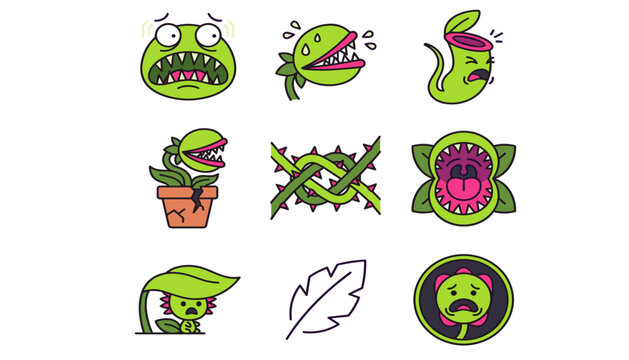 Creepy Carnivorous Plant Character Set with Angry Venus Flytrap, Poisonous Vines, and Pitcher Monsters for Fantasy Games, Halloween Graphics, and Spooky Decorative Label Designs