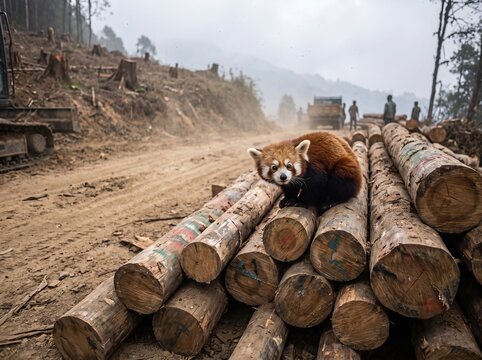 Terrified red panda resting on a pile of illegally harvested timber logs