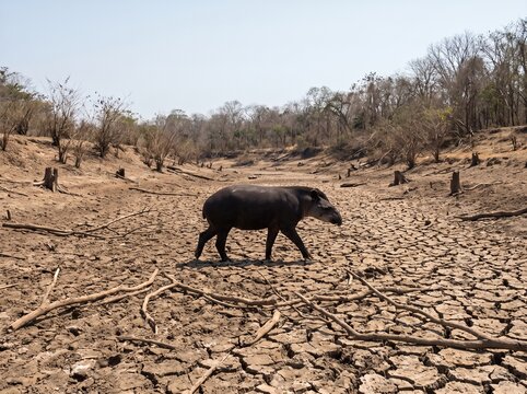Tapir walking through dry cracked deforested riverbed due to drought