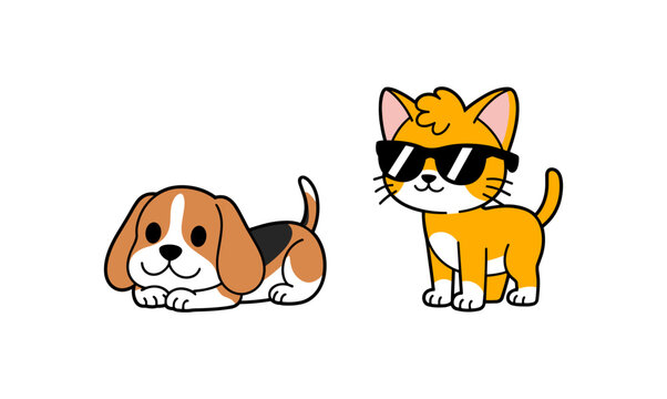 Cute beagle puppy dog lying down and orange tabby cat wearing black sunglasses cartoon animal characters vector illustration set