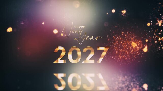 2027 Happy new year golden text shine light effect animation cinematic title on black abstract background.