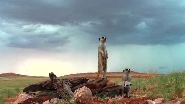 free living suricates or meerkats on lookout in Kalahari desert 11.6 
