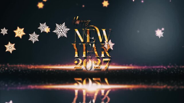 2027 Happy new year golden text shine light effect animation cinematic title on black abstract background.