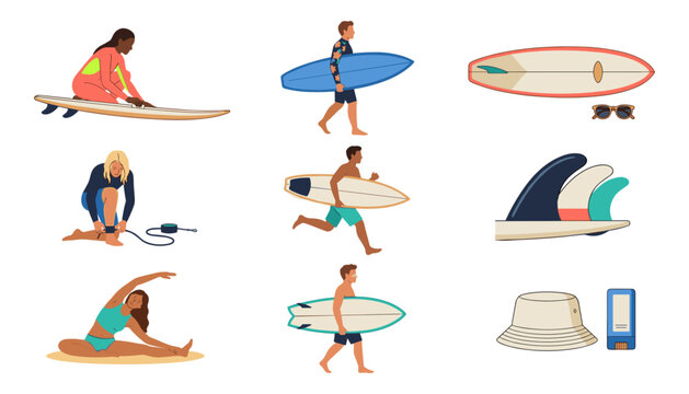 Diverse People Surfing Vector Element Set with Surfers Carrying Boards, Fastening Leash, Stretching, Surfboard Fins, Sunglasses, Bucket Hat, and Sunscreen Bottle for Beach Lifestyle Graphic Designs