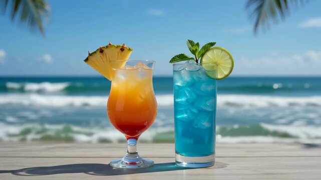 two colorful tropical cocktails on wooden table against sunny beach background with ocean waves. orange and blue refreshing drinks with pineapple and lime. summer vacation resort menu