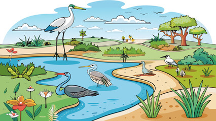Naklejka premium Cartoon vector illustration of a tropical wetland landscape with various water birds, herons, and egrets in a peaceful river environment with trees and flowers.