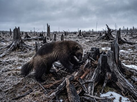 Wolverine scavenging among jagged stumps in clear cut northern forest