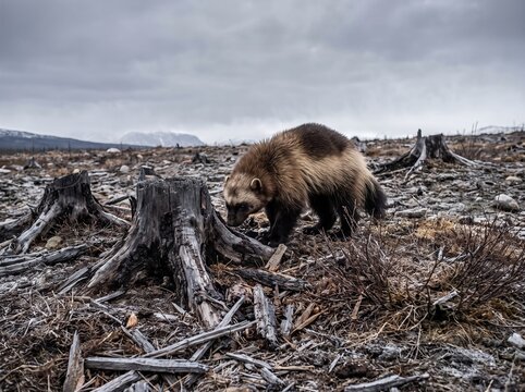 Wolverine scavenging among jagged stumps in clear cut northern forest