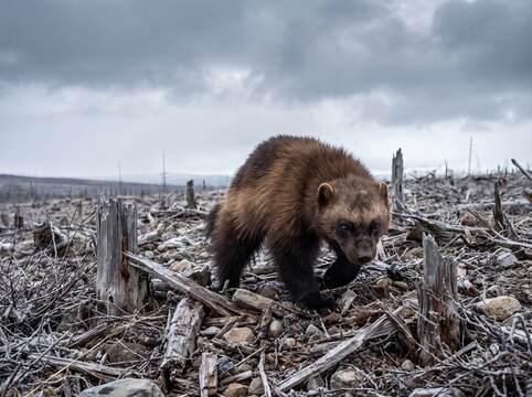 Wolverine scavenging among jagged stumps in clear cut northern forest