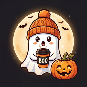 Cute ghost drinking hot coffee with pumpkin and moon halloween