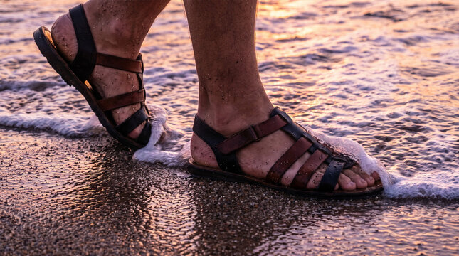 Close Up of Man Feet in Brown Leather Roman Sandals Walking on Wet Beach at Sunset