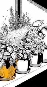 Artistic Black And White Illustration Of Someone Watering Potted Herbs On A Windowsill