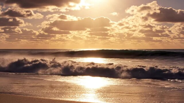 Sunset Serenity: Gentle waves kiss the sandy shore as the sun, veiled by scattered clouds, casts a warm, golden light across the tranquil ocean horizon, evoking a profound sense of peace.