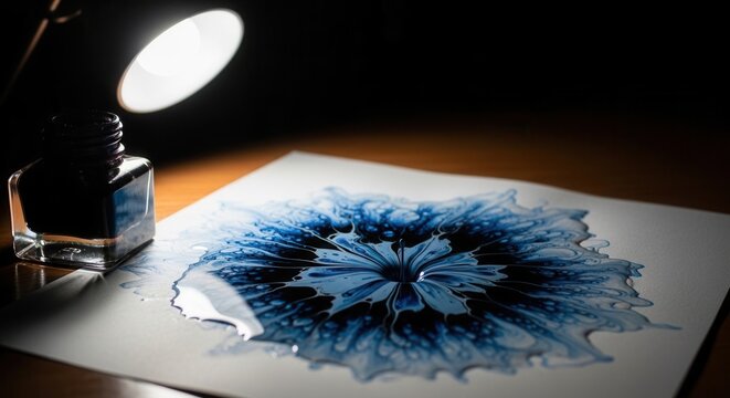 Artistic Blue Ink Pouring Process On Paper