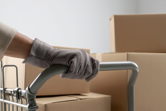 Courier Worker Moving Cardboard Packages with Hand Truck for Delivery Service