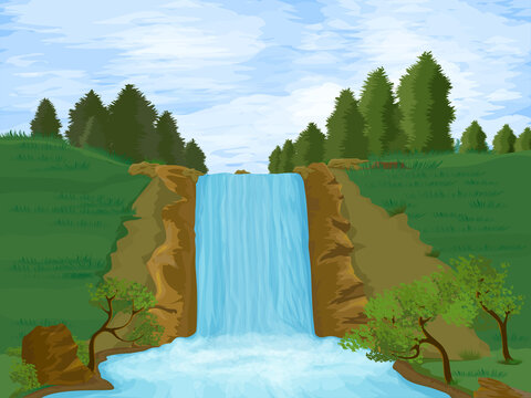 The view of the waterfall formed by the stream flowing through the pine trees.