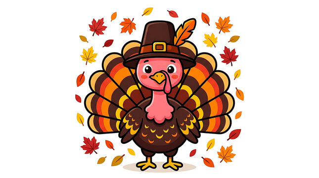Cute cartoon turkey wearing a pilgrim hat for Thanksgiving holiday vector illustration