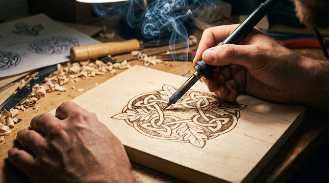 Close Up of Artisan Hand Woodburning Celtic Knot Design with Hot Pyrography Pen and Rising Smoke