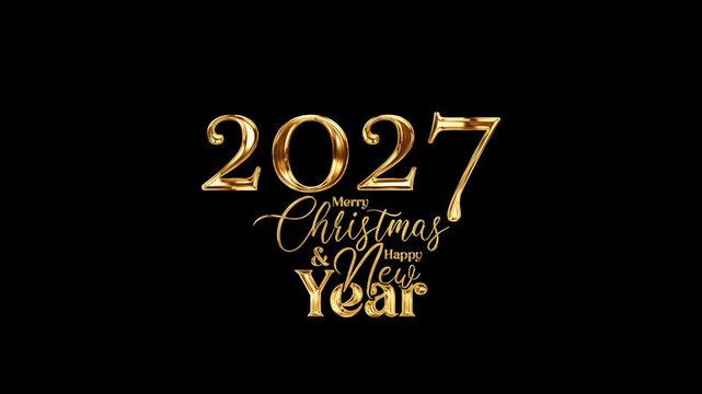 2027 Merry Christmas and Happy New Year golden text shine light effect animation on black abstract background. Includes isolated alpha channel for transparent compositing. Exported in Apple ProRes 444