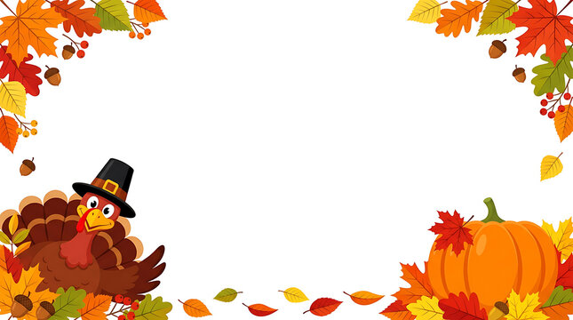 Thanksgiving border with cartoon turkey and pumpkin on white background