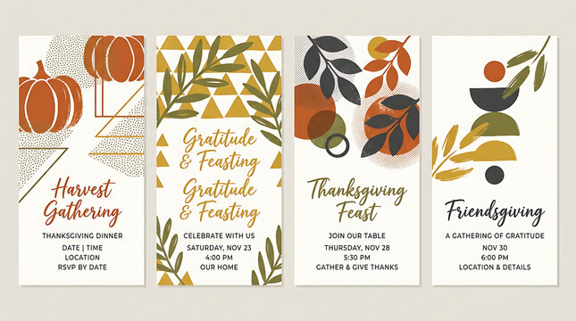 Set of four Thanksgiving invitation templates with autumn leaves and pumpkin illustrations