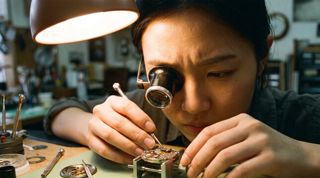 Close Up of Asian Female Watchmaker with Eyepiece Loupe Repairing Mechanical Watch Movement
