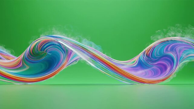 Colorful liquid stream flowing with ethereal smoke on a green background