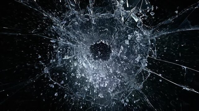 Shattered glass breaking apart on an isolated black background, dramatic impact effect for advertising and creative design