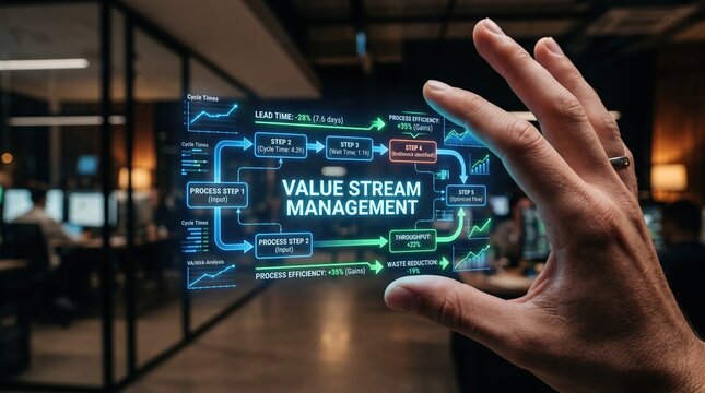 Futuristic holographic display visualizes 'Value Stream Management' concepts, optimizing business processes with advanced technology in a modern office setting